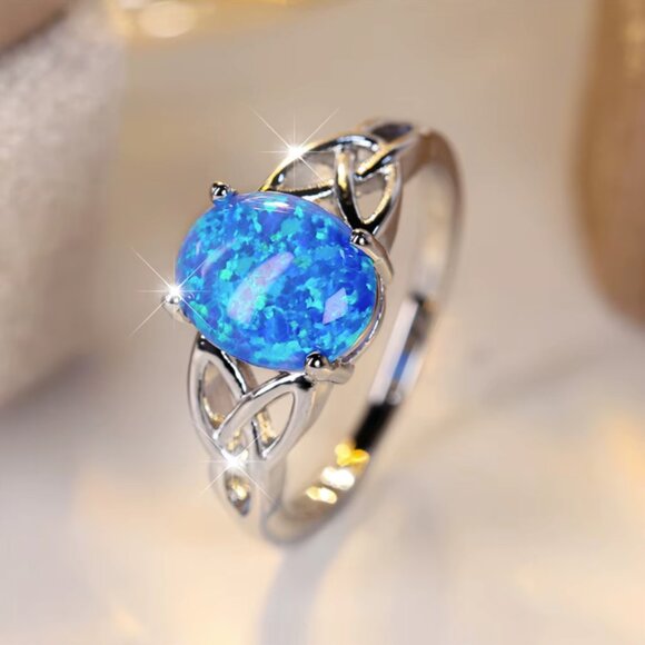 NEW 14k White Gold Blue Opal Diamond Ring Oval Cut Ring - Picture 1 of 4